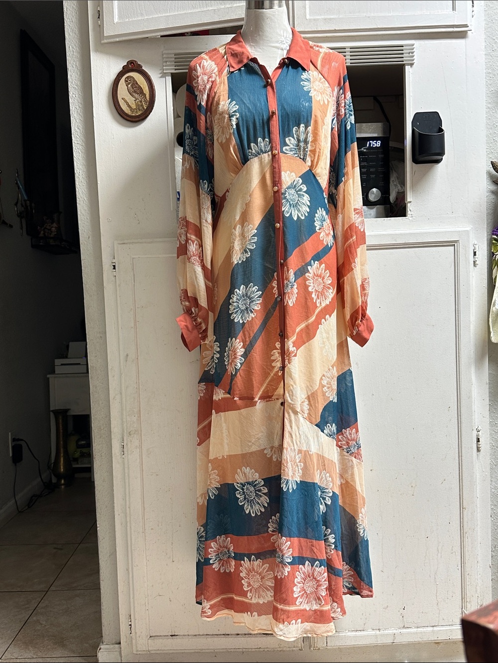 Free People Floral Stripe Button-Front Maxi Dress in Rust, Teal & Cream